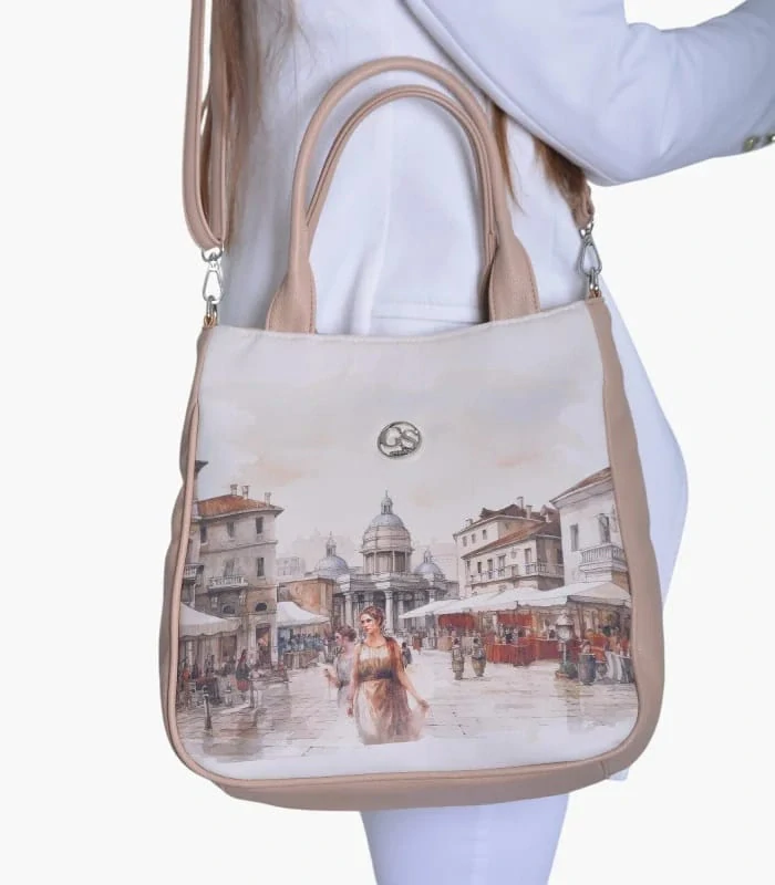 Veľká svetlohnedá crossbody kabelka Grosso s portrétom 34x32x12 cm