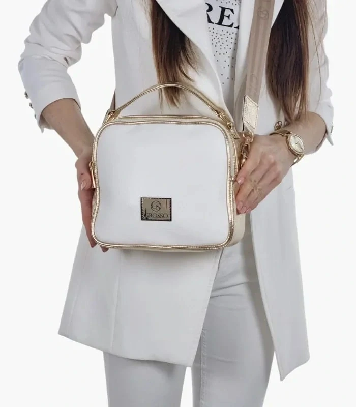 Bielo-zlatá crossbody kabelka so zlatými aplikáciami s rúčkou Grosso 24x22x10