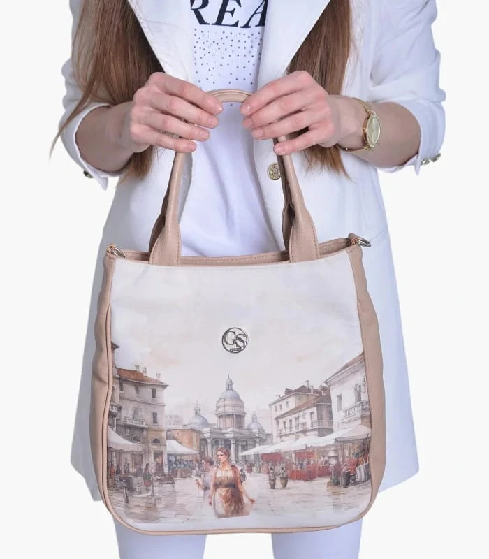 Veľká svetlohnedá crossbody kabelka Grosso s portrétom 34x32x12 cm