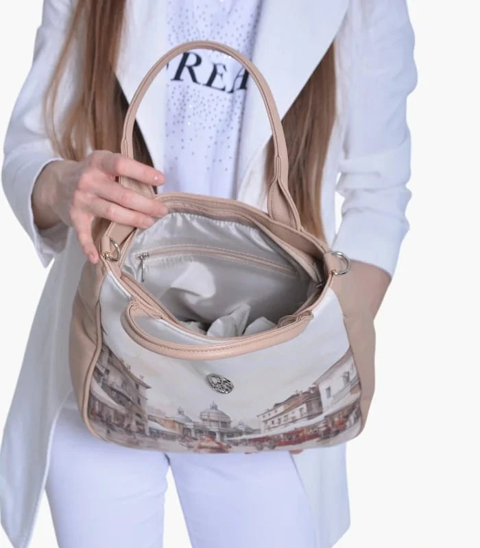 Veľká svetlohnedá crossbody kabelka Grosso s portrétom 34x32x12 cm