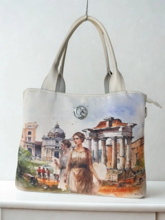 Veľká béžová crossbody kabelka s rúčkami s portrétom Grosso 30x23x15